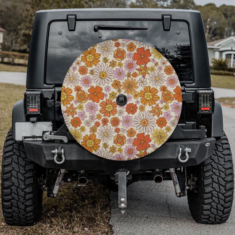 Groovy Floral Spare Tire Cover, Cute Orange 70s Flowers Backup Camera Hole Unique Back Extra Wheel Cars RV Men Women Girls Trailer Campers