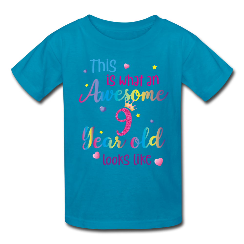 This is What an Awesome 9 Year Old Looks Like Girls Shirt, Birthday 9th Nine Year Fun Rainbow Party Gift Kids Crewneck Girls Starcove Fashion