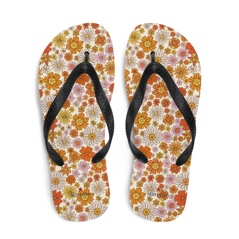 Groovy Flowers Flip Flops, Retro Vintage Floral Funky Boho 70s