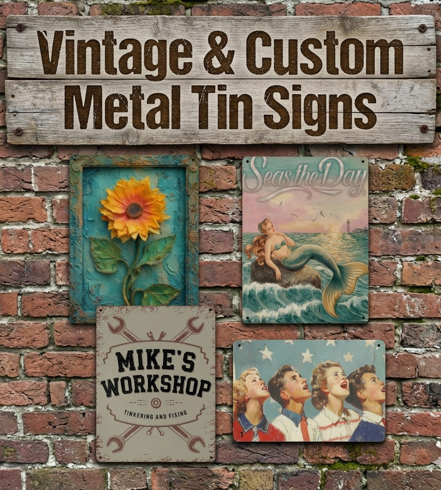 Collection of vintage and custom metal tin signs for home and garage decor