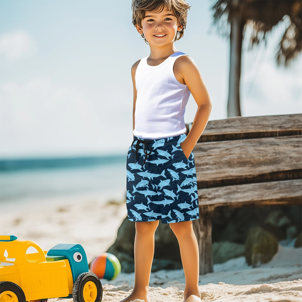 Shark Boys Beach Shorts (4-11Y), Navy Blue Quick Dry Kids Drawstring Casual Shorts Pockets Children Youth - Starcove Fashion