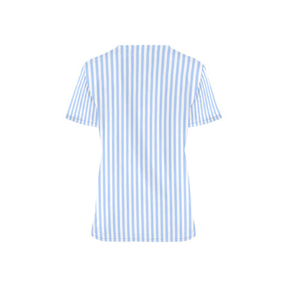 Light Blue Striped Medical Scrubs Top Women, Vertical Stripe Ladies Female Plus Size Nursing Nurse Vet Veterinary Assistant Uniform Pockets
