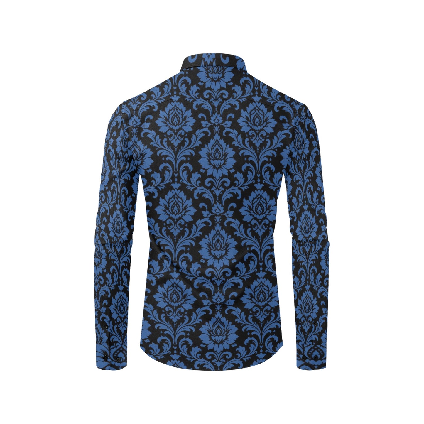 Black Blue Floral Long Sleeve Men Button Up Shirt, Damask Flowers Print Casual Buttoned Collared Designer Dress Shirt Chest Pocket Male