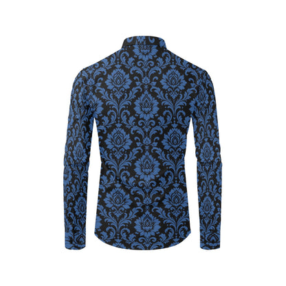 Black Blue Floral Long Sleeve Men Button Up Shirt, Damask Flowers Print Casual Buttoned Collared Designer Dress Shirt Chest Pocket Male