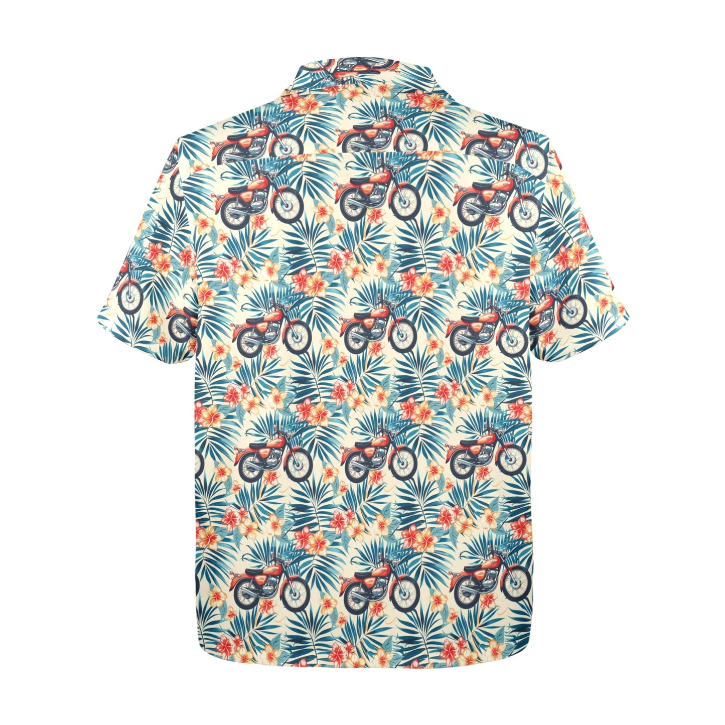 Motorcycle Men Hawaiian shirt, Bike Floral Leaves Beach Blue Cream Vintage Aloha Hawaii Retro Tropical Plus Size Pocket Guys Button Down