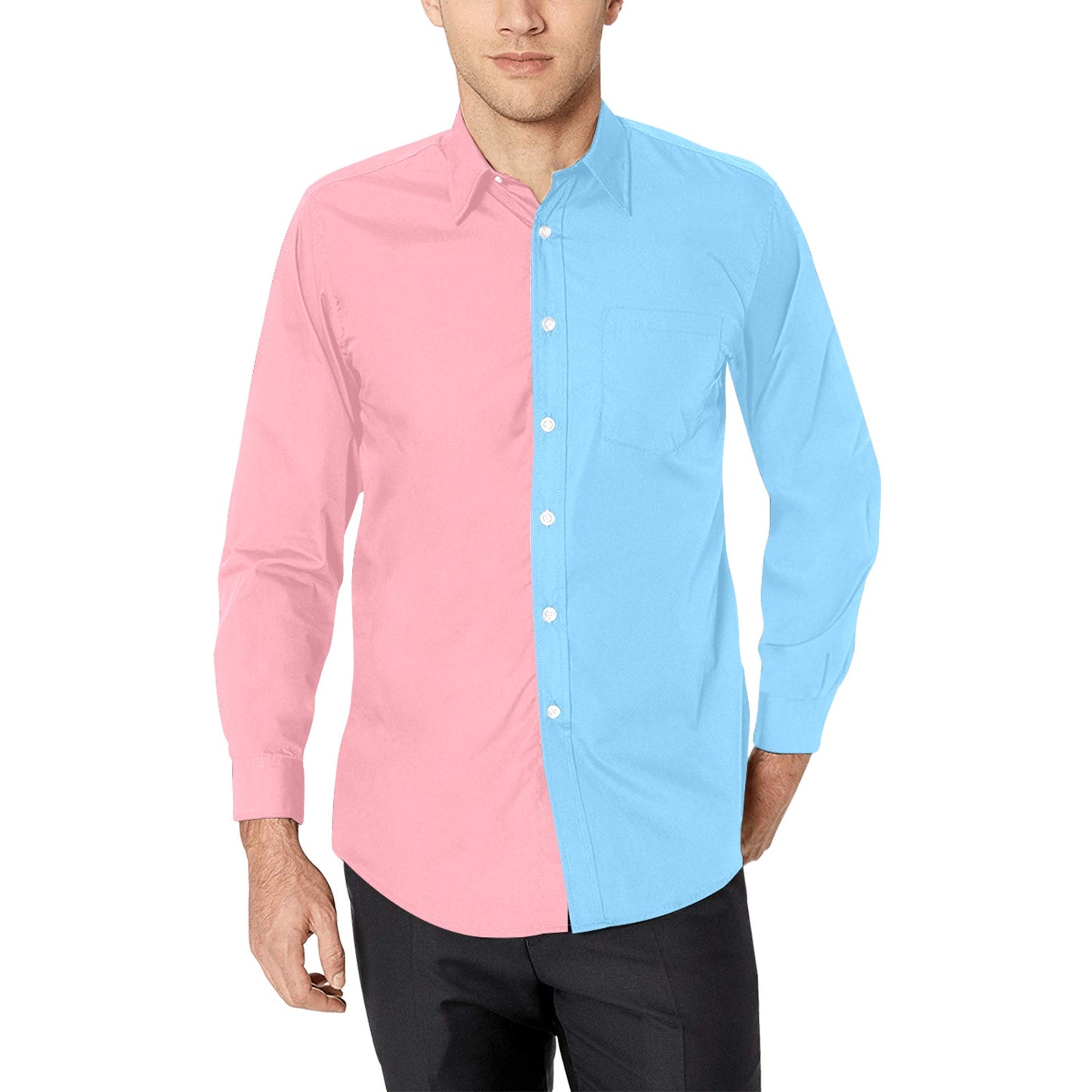 Half Pink Half Baby Blue Men Button Up Shirt, Long Sleeve Color Block Split Two Tone Combo Print Buttoned Collared Dress Shirt Chest Pocket