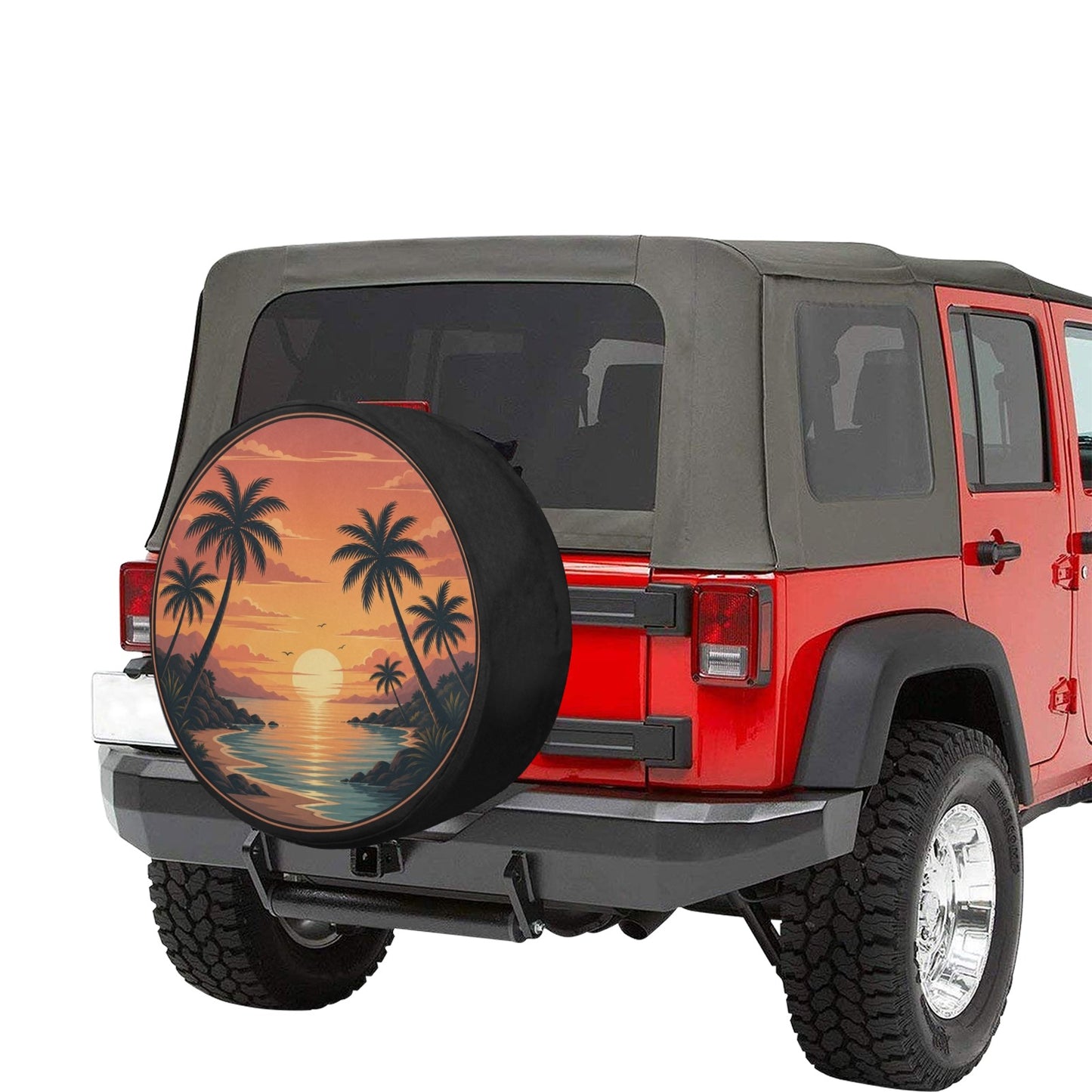 Beach Spare Tire Cover, Palm Trees Sunset Island Backup Camera Hole Rear Wheel Accessories Sun Tropical  Unique Trailer Camper RV Back Car