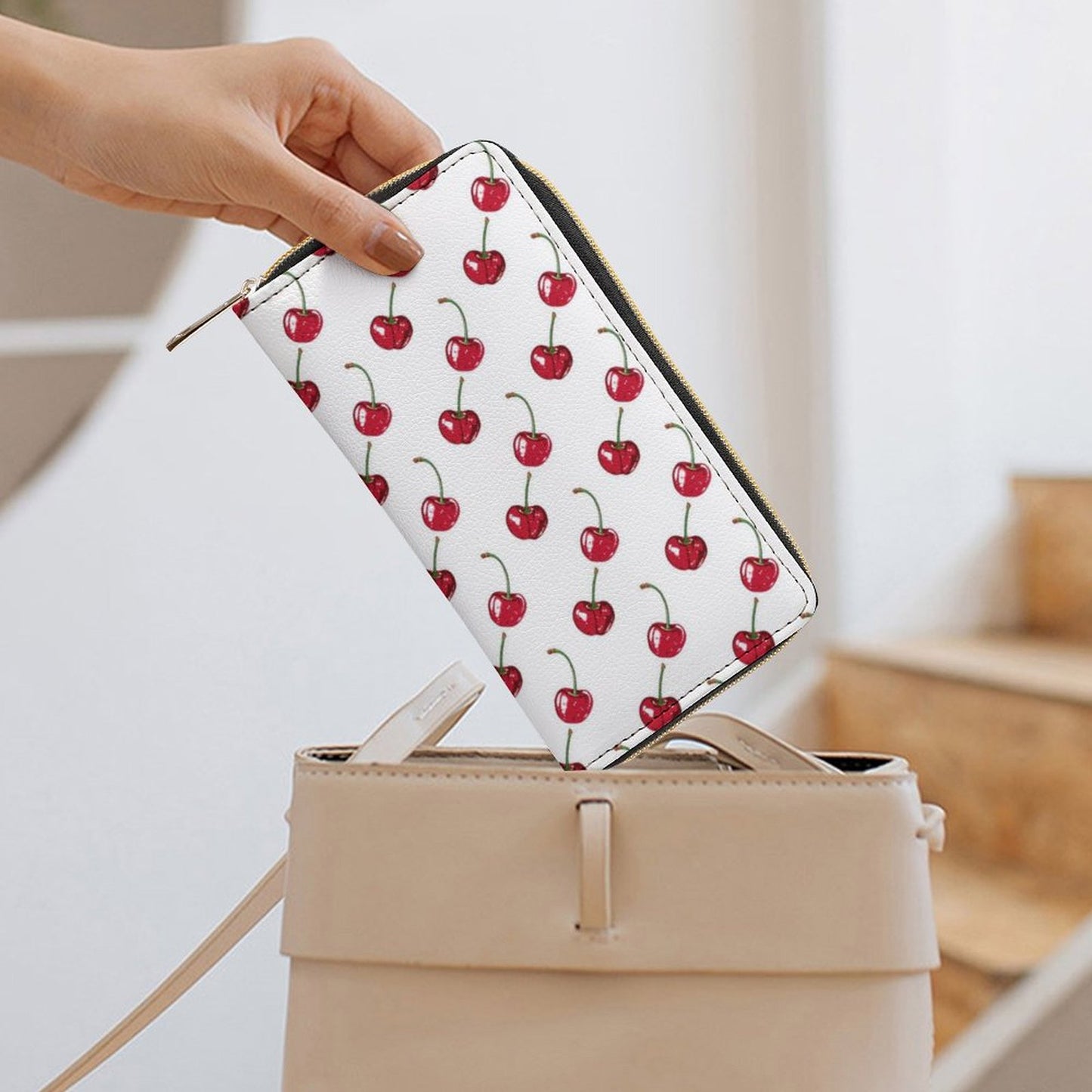 Cherry Leather Wallet Women, White Red Fruit Vegan Zipper Zip Around Coins Credit Cards Pocket Cash Ladies Female Slim Clutch Purse