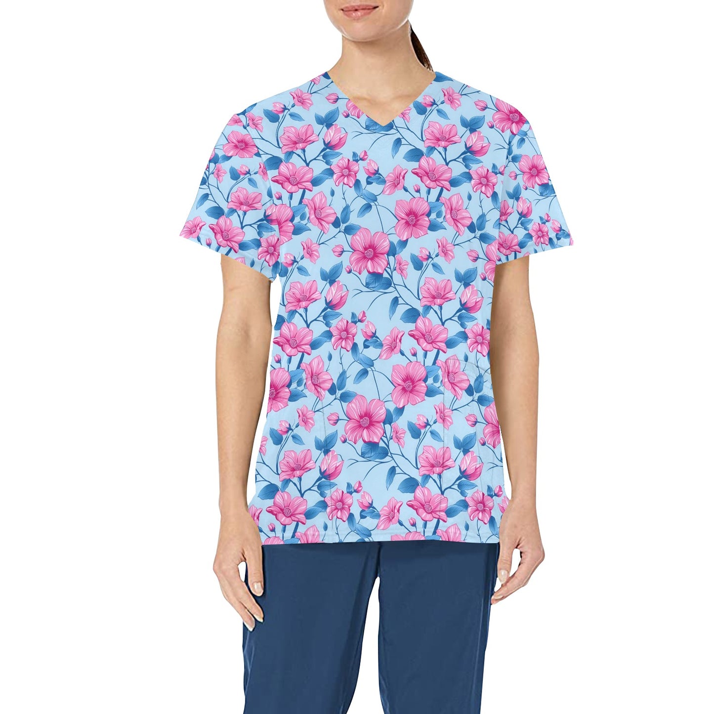 Pink Blue Floral Medical Scrubs Top Women, Flowers Ladies Female Plus Size Nursing Nurse Vet Veterinary Assistant Uniform Pockets