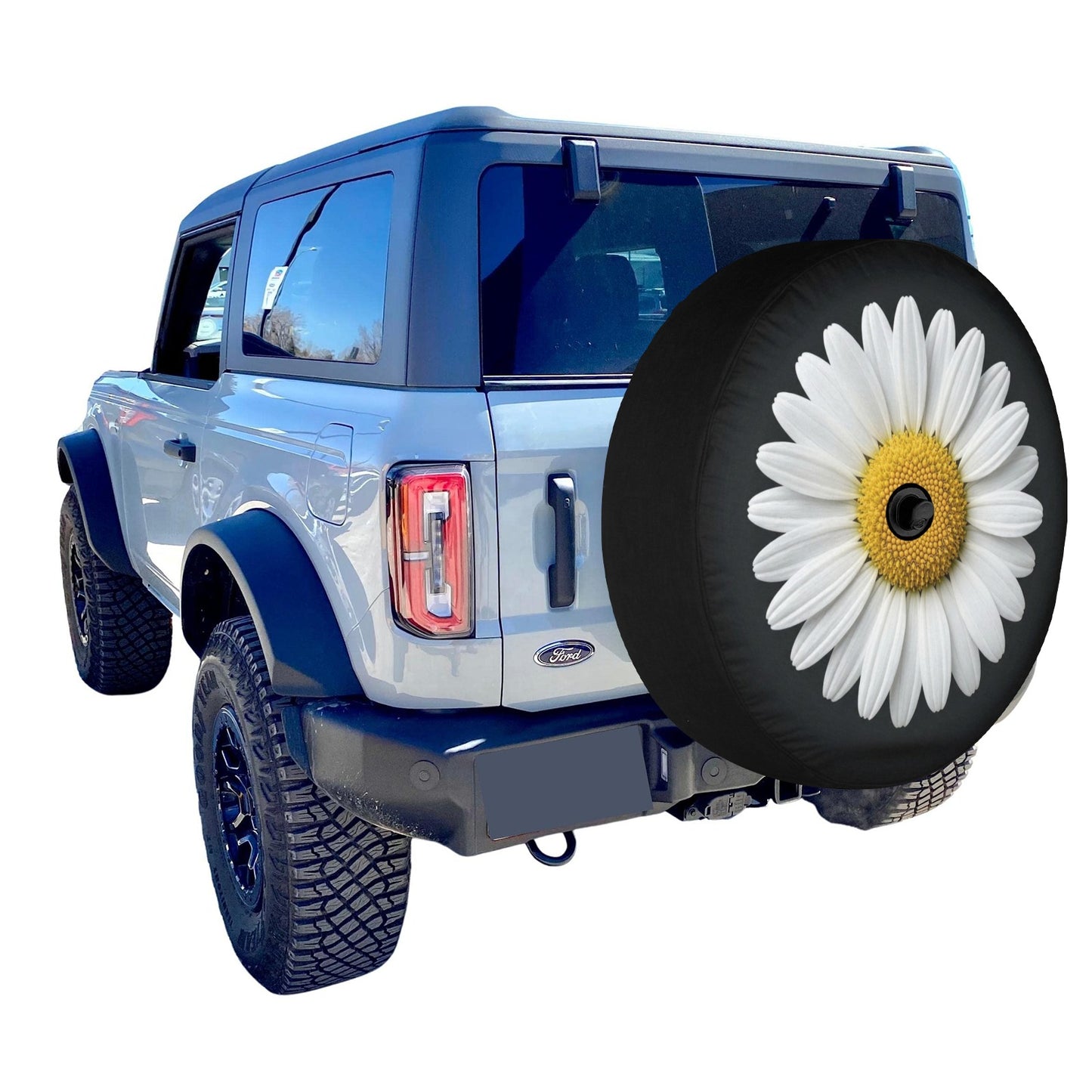 White Daisy Car Spare Tire Cover, Floral Flower Back Rear Extra Wheel Black Camera Hole Unique Women  RV Camper Auto Trailer Motorhome - Starcove Fashion