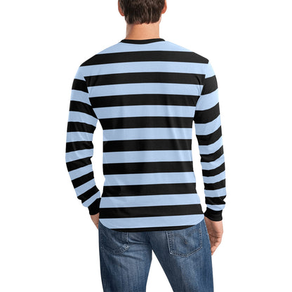Black and Light Blue Men Long Sleeve Striped TShirt, Graphic Vintage Retro Broad Stripes Crewneck Unisex Women Designer Male Guys Tee Shirt
