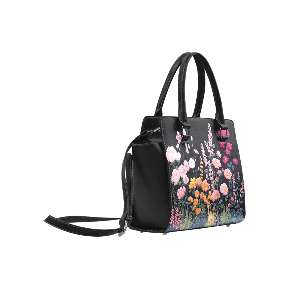Floral Purse Handbag, Pink Green Flowers Faux Embroidery Vegan Leather Designer Women Ladies Female Tote Top Zip Handle Bag Shoulder Strap