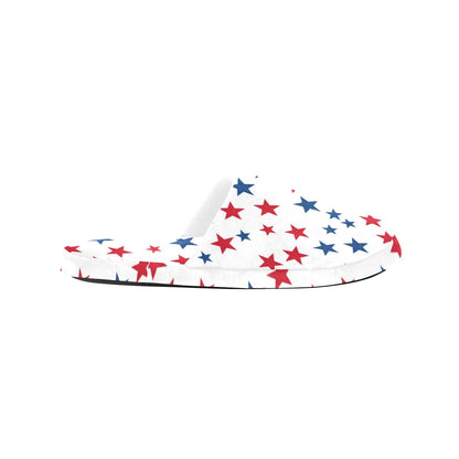 Red White Blue Stars Women's House Slide Slippers, Patriotic American USA Handmade Bedroom Cozy Winter Bedroom Shoes Gift for Her Loungewear