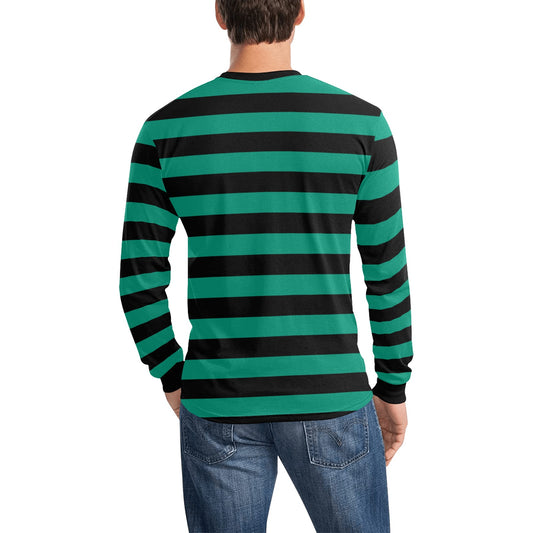 Black and Green Men Long Sleeve Striped TShirt, Kelly Green Graphic Vintage Retro Broad Stripes Crewneck Unisex Women Designer Male Guys Tee - Starcove Fashion