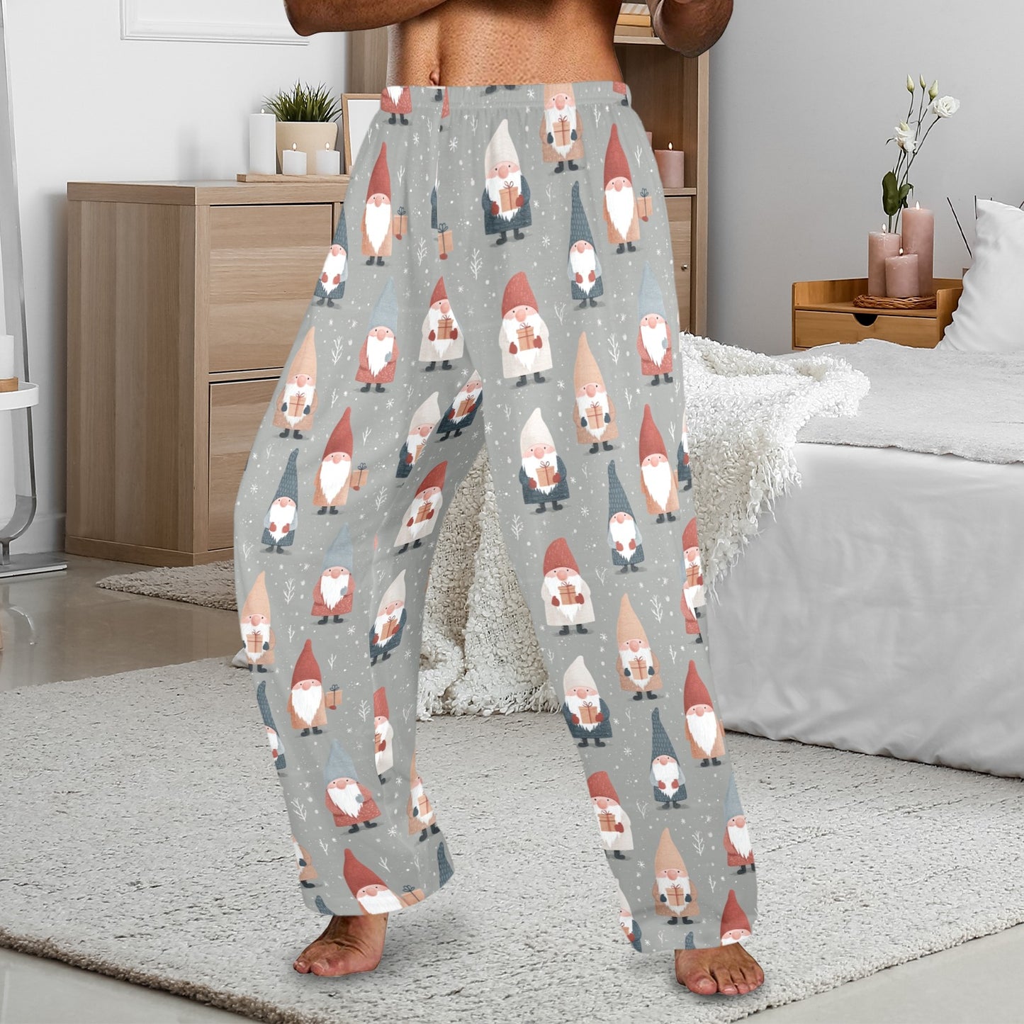 Christmas Gnomes Men Pajamas Pants, Grey Snowflakes Gifts Xmas PJ Pockets Sleep Lounge Trousers Guys Male Matching Sleepwear Bottoms