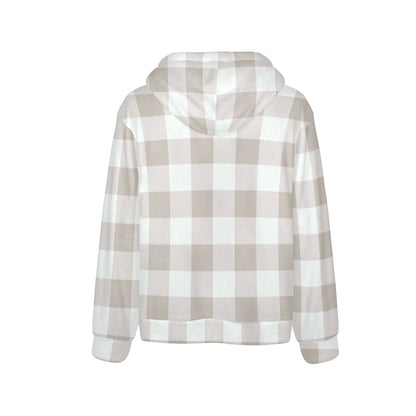 Beige White Buffalo Plaid Flannel Hoodie, Cream Check Fleece Lined Heavyweight Pocket Men Women Unisex Graphic Hooded Sweatshirt Jacket