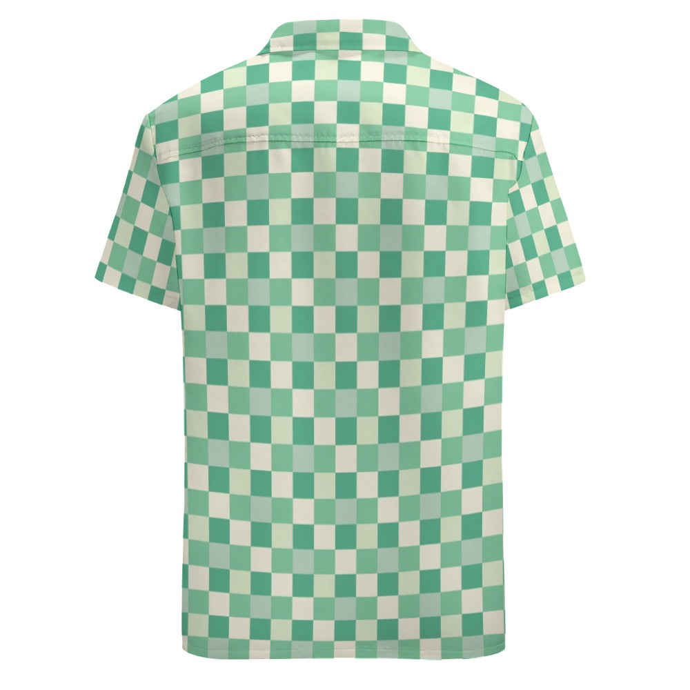 Green Checkered Men Button Up Shirt, Mint Pastel Short Sleeve Print Casual Buttoned Down Male Guys Collared Designer Dress Shirt Chest Pocket