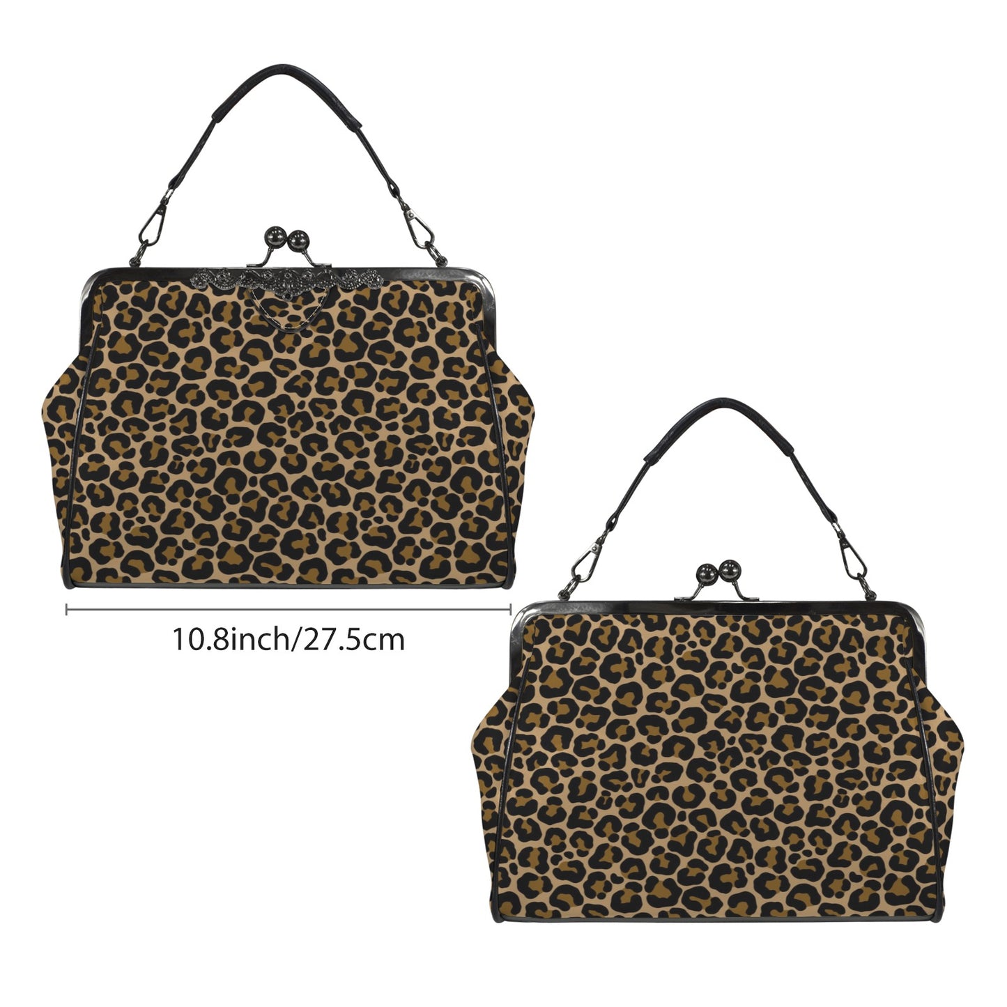 Leopard Kiss Lock Purse Handbag, Animal Print Cheetah Brown Print Vegan Leather Vintage Designer Shoulder Crossbody Top Handle Clasp Bag