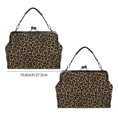 Leopard Kiss Lock Purse Handbag, Animal Print Cheetah Brown Print Vegan Leather Vintage Designer Shoulder Crossbody Top Handle Clasp Bag