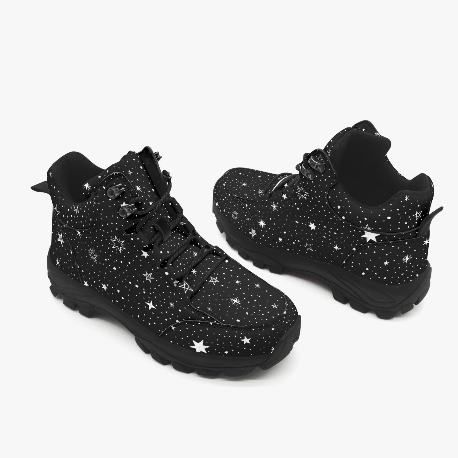 Stars Hiking Leather Boots, Space Black White Print Men Women Female Lace Up Walking Hunting Rubber Shoes Print Ankle Winter Casual Work Starcove Fashion