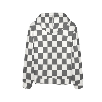 Checkered Flannel Hoodie, Brown Grey White Check Fleece Lined Heavyweight Pocket Men Women Unisex Graphic Hooded Sweatshirt Jacket