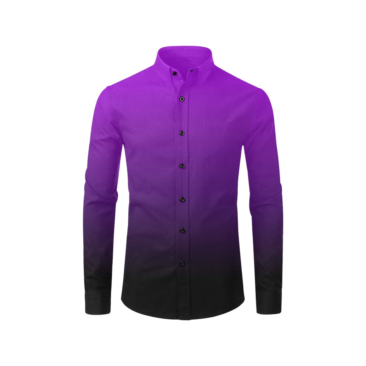 Black Purple Ombre Long Sleeve Men Button Up Shirt, Gradient Tie Dye Two Tone Print Buttoned Collar Casual Dress Chest Pocket Plus Size