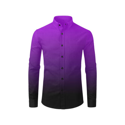Black Purple Ombre Long Sleeve Men Button Up Shirt, Gradient Tie Dye Two Tone Print Buttoned Collar Casual Dress Chest Pocket Plus Size