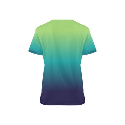 Blue Green Ombre Medical Scrubs Top Women, Gradient Tie Dye Ladies Female Plus Size Nursing Nurse Vet Veterinary Assistant Uniform Pockets