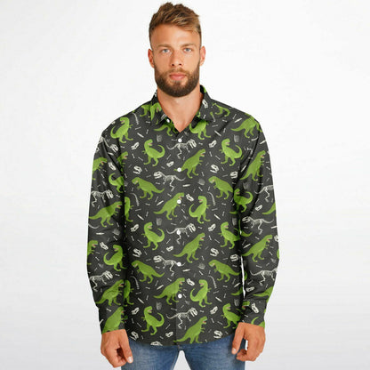 Dinosaur Long Sleeve Men Button Up Shirt, Skeleton Dino Green Guys Male Print Buttoned Down Collared Funny Graphic Casual Dress Shirt XS Dinosaur Long Sleeve Men Button Up Shirt, Skeleton Dino Green Guys Male Print Buttoned Down Collared Funny Graphic Casual Dress Shirt XS