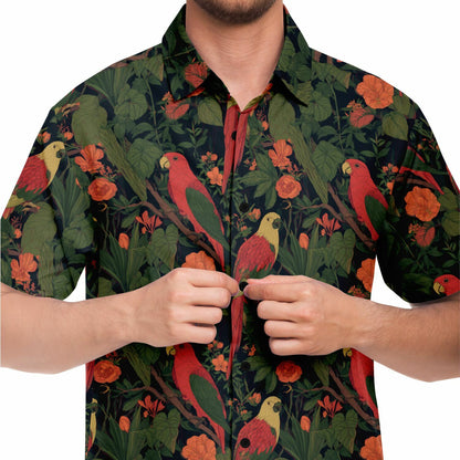 Parrot Men Button Up Shirt, Tropical Bird Plants Green Short Sleeve Print Casual Buttoned Down Summer Male Guys Collared Designer Dress