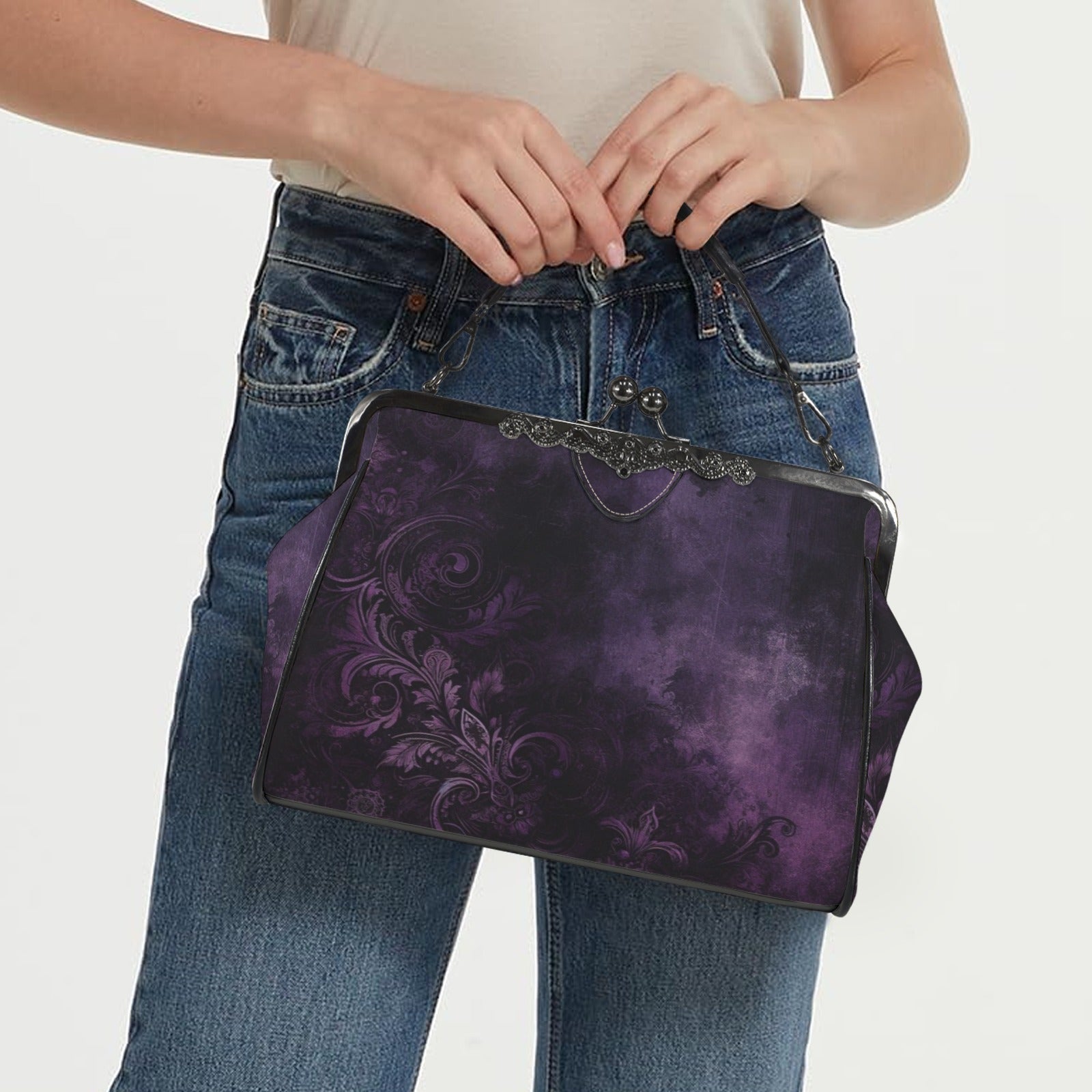 Purple Kiss Lock Purse Handbag, Pink Black Grunge Gothic Dark Print Vegan Leather Vintage Designer Shoulder Crossbody Top Handle Clasp Bag - Starcove Fashion