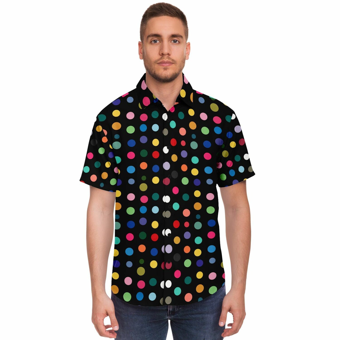 Vibrant Polk Dots Men Button Up Shirt, Colorful Festival Short Sleeve Print Casual Buttoned Down Summer Male Guys Collared Designer Dress