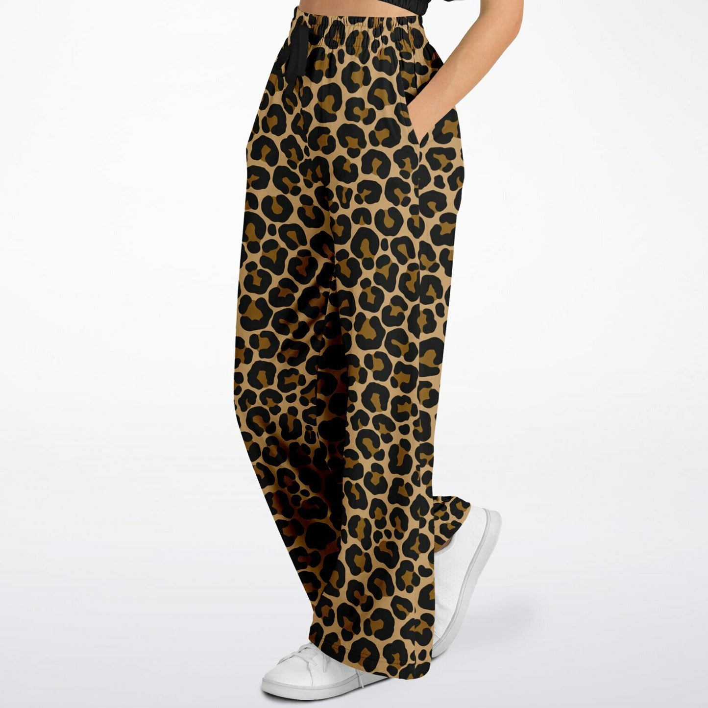 Leopard Wide Leg Jogging Pants, Brown Animal Print Cheetah Flare Sweatpants Pockets Women Flared Sweats Cotton Fleece Ladies Joggers