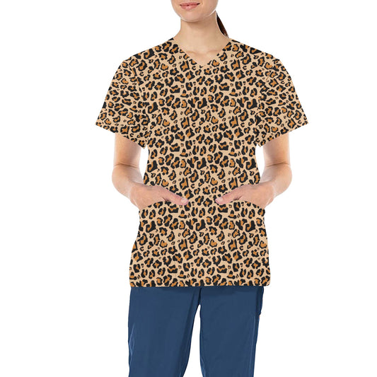 Leopard Medical Scrubs Top Women, Brown Animal Print Cheetah Ladies Female Plus Size Nursing Nurse Vet Veterinary Assistant Uniform Pockets
