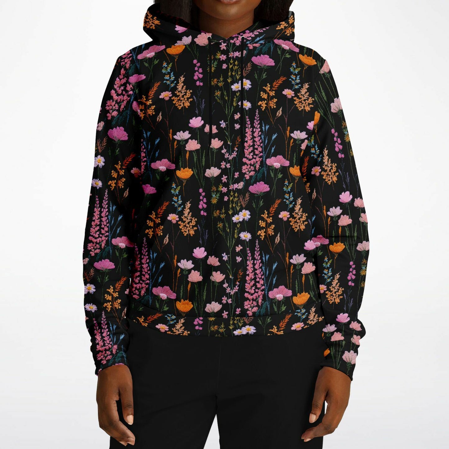 Pink Floral Hoodie, Faux Embroidery Flowers Pullover Women Men Adult Aesthetic Graphic Cotton Hooded Sweatshirt Pockets Designer Plus Size