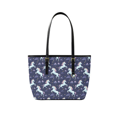Unicorn Tote Bag Purse, Space Stars Purple Art Women Vegan Leather Handbag  Zip on Top Designer Handmade Shoulder Ladies Bag
