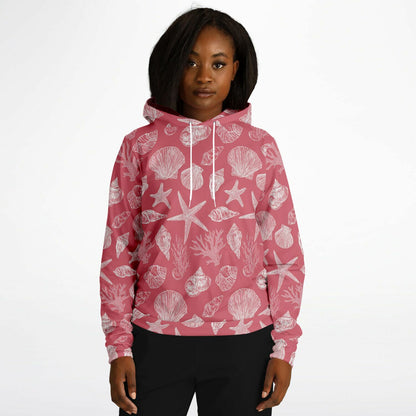 Coral Pink Beach Hoodie, Ocean Sea Shells Star Pullover Men Women Adult Graphic Cotton Hooded Sweatshirt with Pockets Designer Plus Size