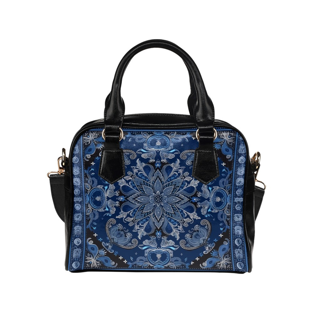 Blue Black Bandana Print Purse, Paisley Women Pattern Cute Small Shoulder Bag Vegan Leather Designer Ladies Handbag Crossbody
