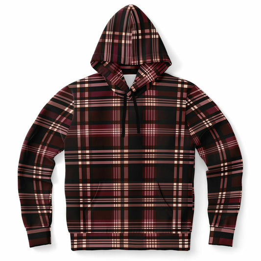 Burgundy Plaid Hoodie, Check Tartan Red Pullover Men Women Adult Aesthetic Graphic Cotton Hooded Sweatshirt with Pockets Starcove Fashion