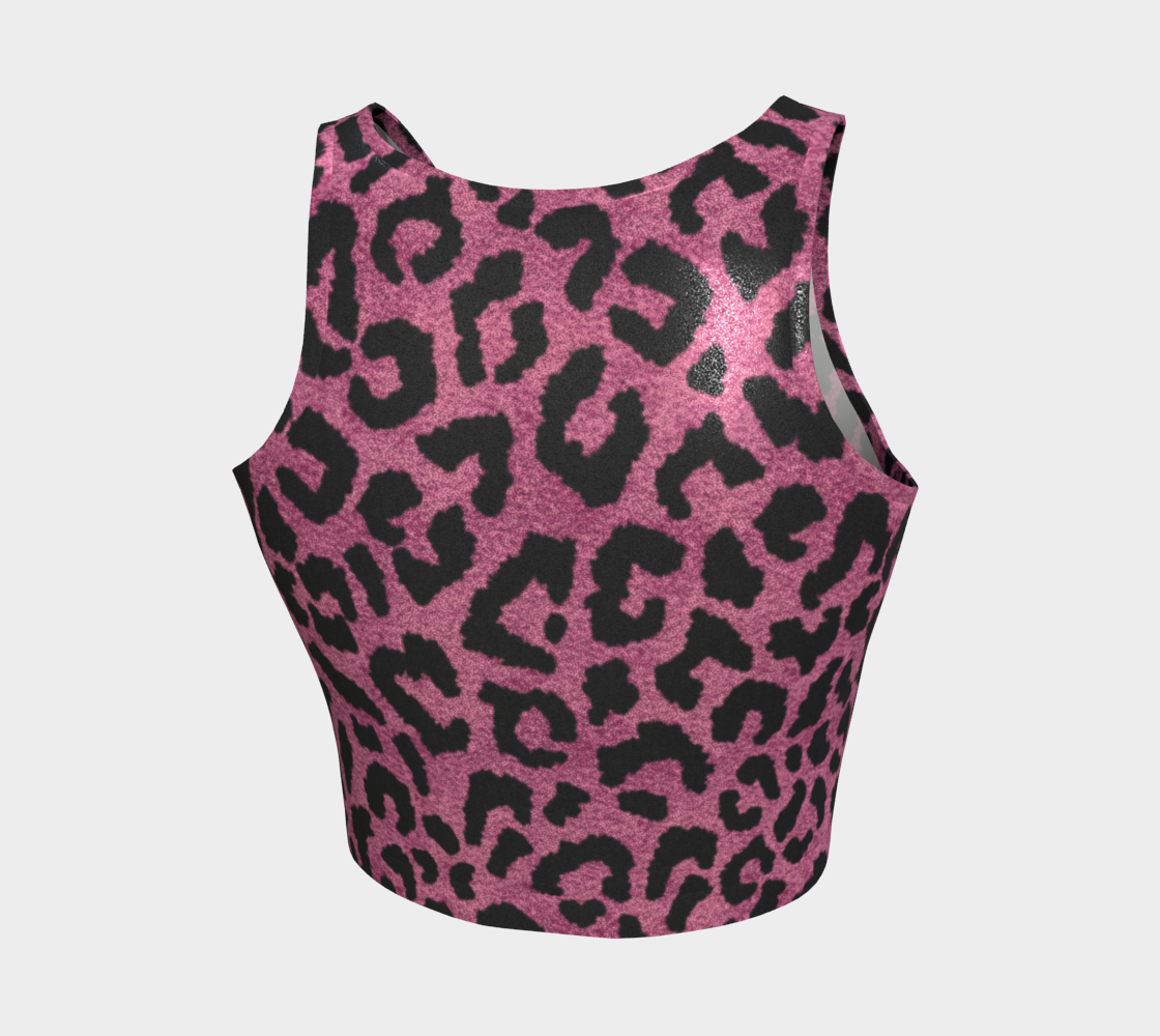 Pink Leopard Workout Crop Top, Animal Print Sparkly Glitter Women Cute Moisture Wicking Exercise Gym Athletic Festival Cropped Shirt