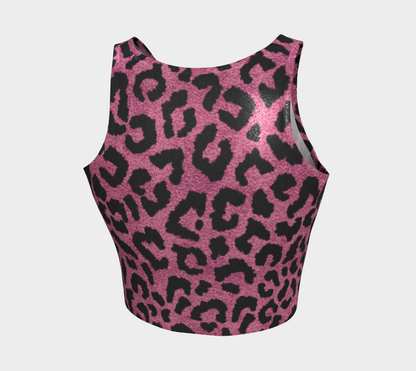 Pink Leopard Workout Crop Top, Animal Print Sparkly Glitter Women Cute Moisture Wicking Exercise Gym Athletic Festival Cropped Shirt