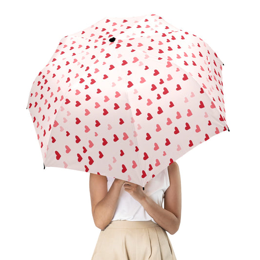 Hearts Umbrella, Red Pink Romantic Golf Anti-UV Semi-Automatic Sun Beach Rain Parasol Large Compact Travel Windproof Designer Men Women