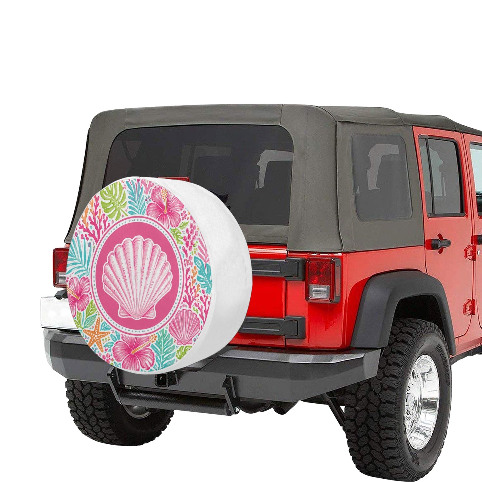 Pink Beach Spare Tire Cover, Sea Shell Ocean Coral Hibiscus White Tropical Wheel Backup Camera Hole Camping RV Back Women Trailer Waterproof - Starcove Fashion