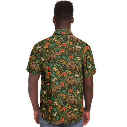 Dinosaur Men Button Up Shirt, T-Rex Dino Jungle Park Short Sleeve Print Casual Buttoned Down Summer Male Guys Collared Designer Dress copy