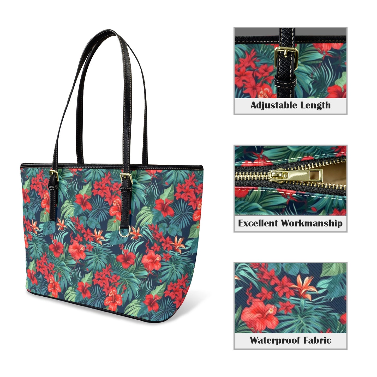 Red Tropical Flowers Tote Bag Purse, Hibiscus Floral Art Women Vegan Leather Handbag  Zip on Top Designer Handmade Shoulder Ladies Bag