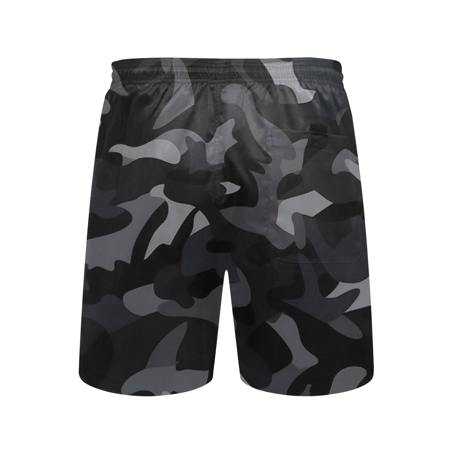 Black Camo Men Swim Trunks, 7" Inseam Shorts Camouflage Beach Pockets Mesh Lining Drawstring Casual Bathing Suit Plus Size Male Swimwear
