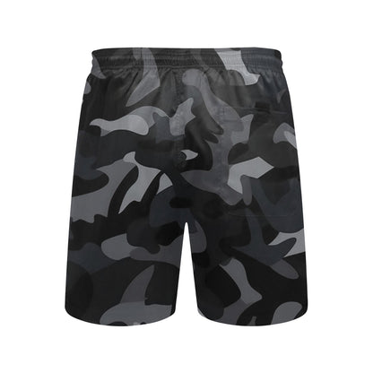 Black Camo Men Swim Trunks, 7" Inseam Shorts Camouflage Beach Pockets Mesh Lining Drawstring Casual Bathing Suit Plus Size Male Swimwear
