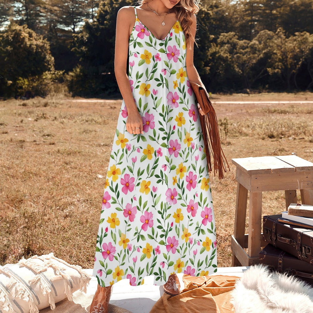 Pink Yellow Floral Maxi Dress, Spring Easter Long Flowers Spaghetti Straps Women Sleeveless Casual Cute Designer Elegant Plus Size Cocktail L / White