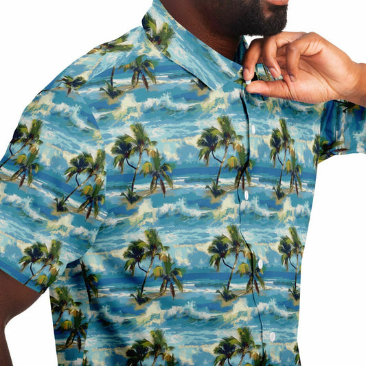 Palm Trees Men Button Up Shirt, Blue Ocean Beach Short Sleeve Print Casual Buttoned Down Summer Male Guys Collared Designer Dress Shirt