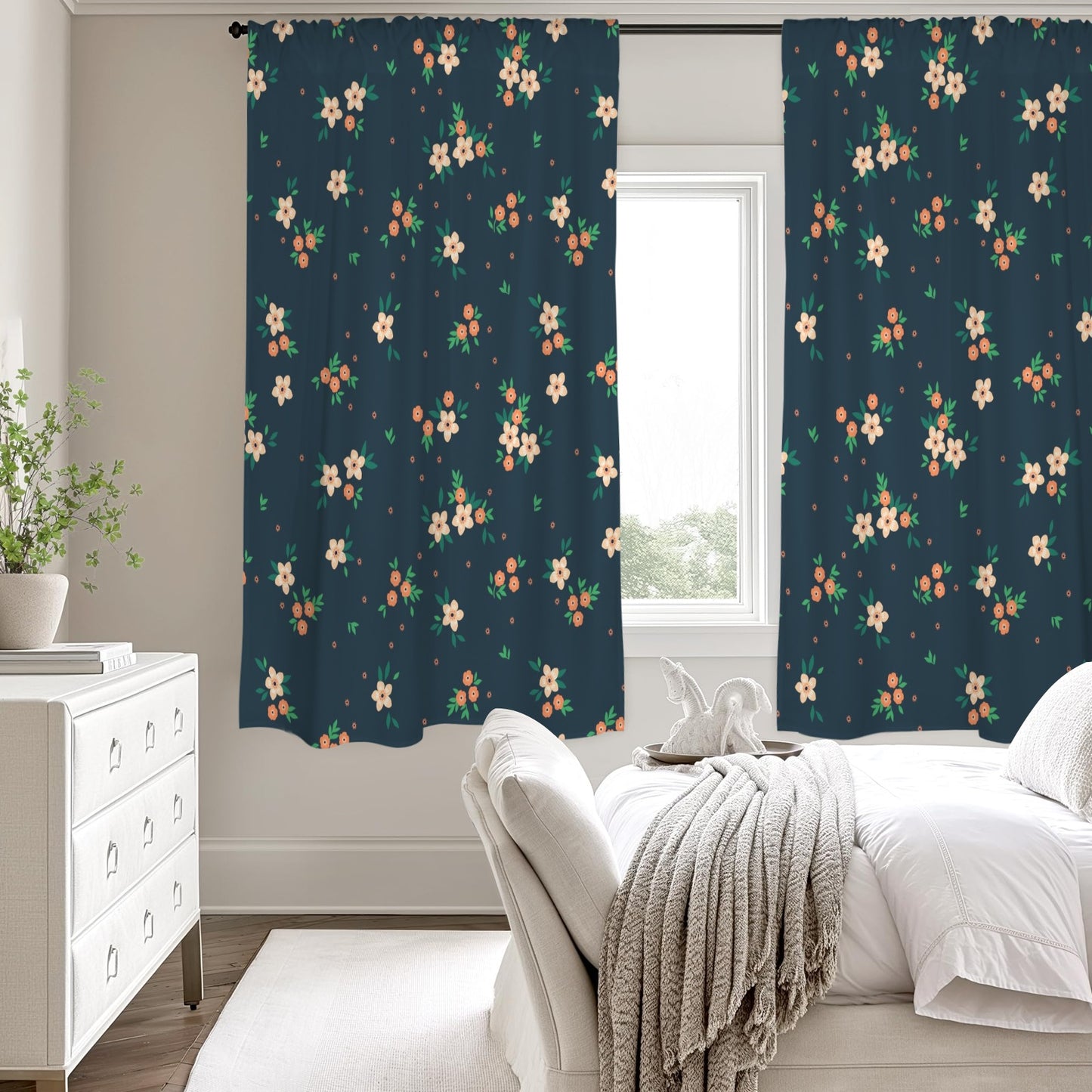 Floral Modern Window Curtain, Blue Green Flowers Kitchen Living Room Bedroom Bathroom Fabric Rod Pocket Decor Housewarming Home 63 Inch